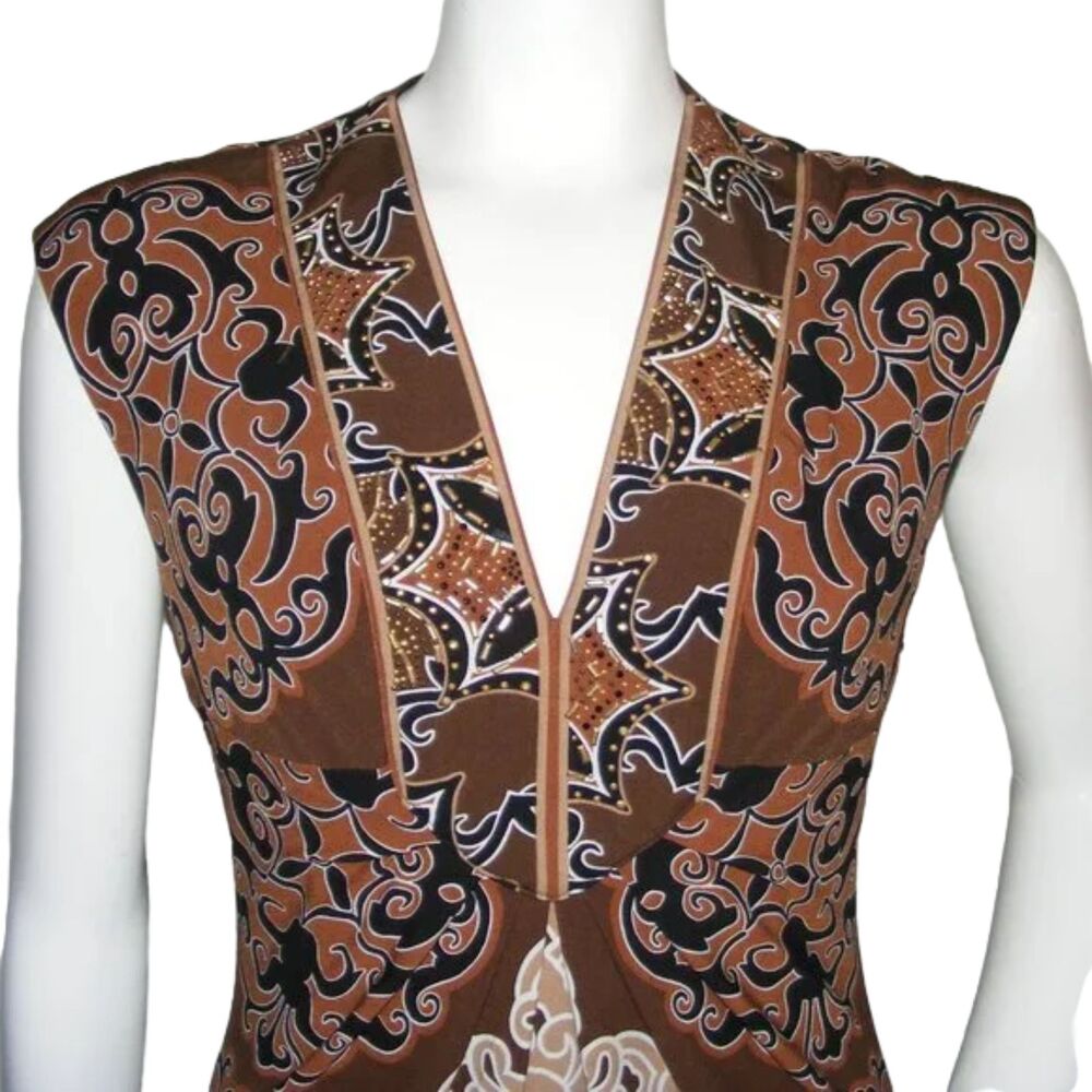 CACHE Dress, 6, Brown/Tan, Sleeveless, V-neck, Embellished, Back zipper - Picture 2 of 14